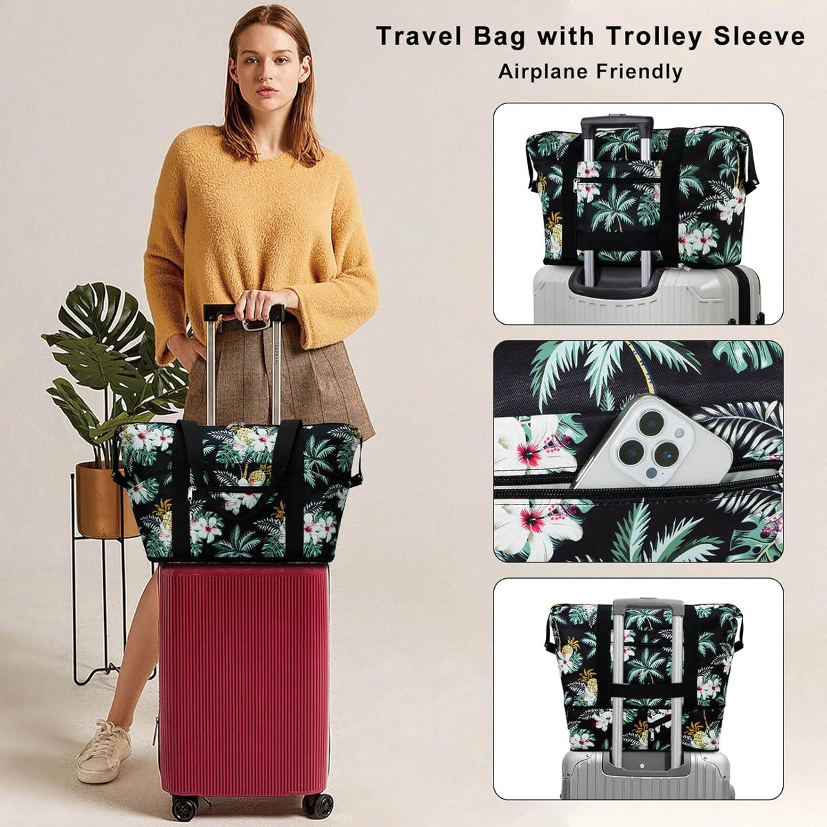 Expandable Duffel Bag for Women with Trolley Sleeve/Wet Pocket Weekender Travel Tote Large Carry On Overnight Luggage