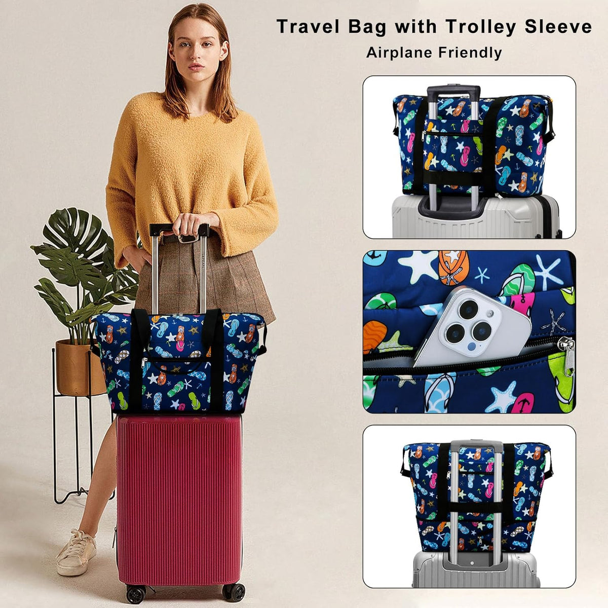 Expandable Duffel Bag for Women with Trolley Sleeve/Wet Pocket Weekender Travel Tote Large Carry On Overnight Luggage