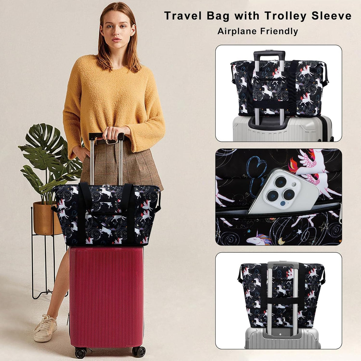 Expandable Duffel Bag for Women with Trolley Sleeve/Wet Pocket Weekender Travel Tote Large Carry On Overnight Luggage