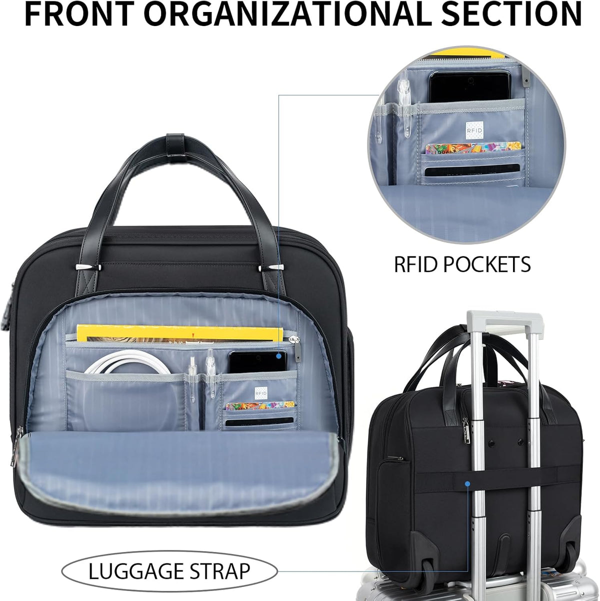 Rolling Laptop Bag Women with Wheels, Briefcase for Women Fits Up to 15.6 Inch Laptop Briefcase on Wheels, Water-Repellent Overnight Rolling Computer Bag with RFID Pockets, Grey Pink