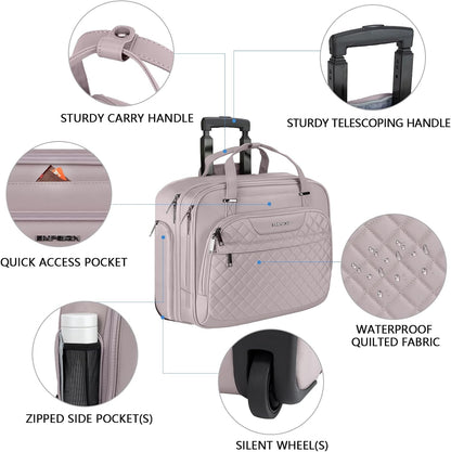Rolling Laptop Bag Women with Wheels, Briefcase for Women Fits Up to 15.6 Inch Laptop Briefcase on Wheels, Water-Repellent Overnight Rolling Computer Bag with RFID Pockets, Grey Pink