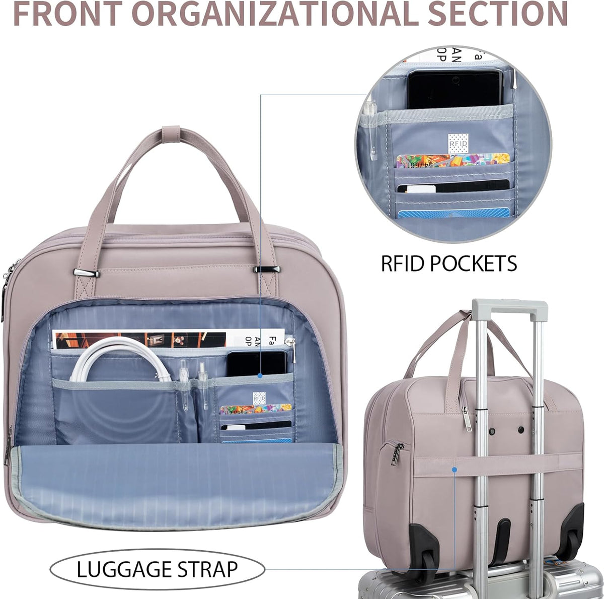 Rolling Laptop Bag Women with Wheels, Briefcase for Women Fits Up to 15.6 Inch Laptop Briefcase on Wheels, Water-Repellent Overnight Rolling Computer Bag with RFID Pockets, Grey Pink
