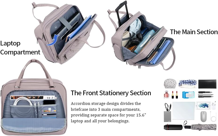 Rolling Laptop Bag Women with Wheels, Briefcase for Women Fits Up to 15.6 Inch Laptop Briefcase on Wheels, Water-Repellent Overnight Rolling Computer Bag with RFID Pockets, Grey Pink