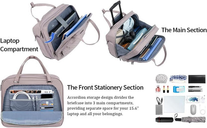 Rolling Laptop Bag Women with Wheels, Briefcase for Women Fits Up to 15.6 Inch Laptop Briefcase on Wheels, Water-Repellent Overnight Rolling Computer Bag with RFID Pockets, Grey Pink