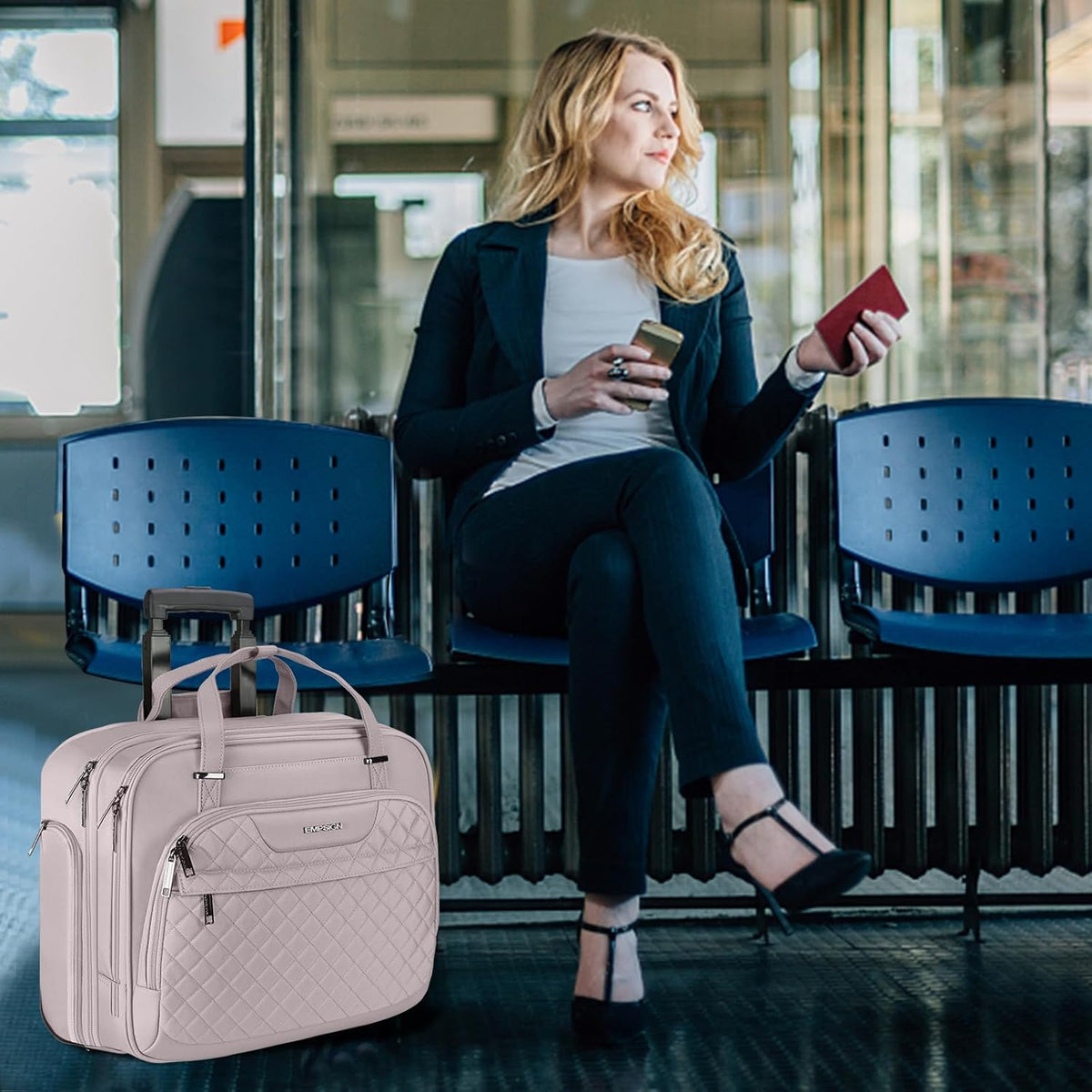 Rolling Laptop Bag Women with Wheels, Briefcase for Women Fits Up to 15.6 Inch Laptop Briefcase on Wheels, Water-Repellent Overnight Rolling Computer Bag with RFID Pockets, Grey Pink