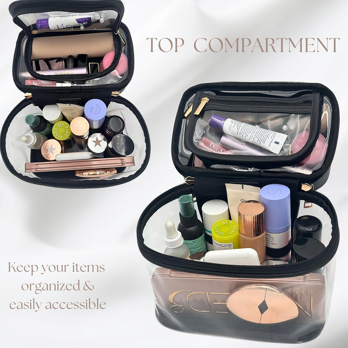 Clear Makeup Bag Toiletry Bag for Women Cosmetic Large Capacity Travel Make Up Bag Organizer Transparent Train Case TSA Approved (BLACK)
