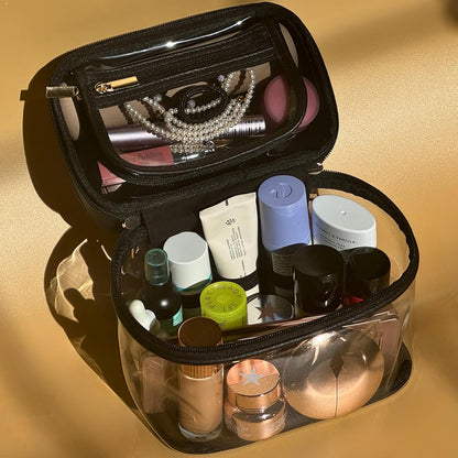 Clear Makeup Bag Toiletry Bag for Women Cosmetic Large Capacity Travel Make Up Bag Organizer Transparent Train Case TSA Approved (BLACK)