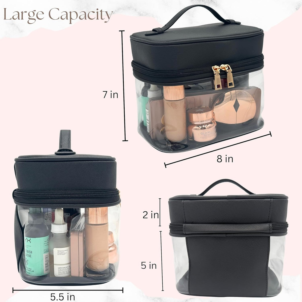 Clear Makeup Bag Toiletry Bag for Women Cosmetic Large Capacity Travel Make Up Bag Organizer Transparent Train Case TSA Approved (BLACK)