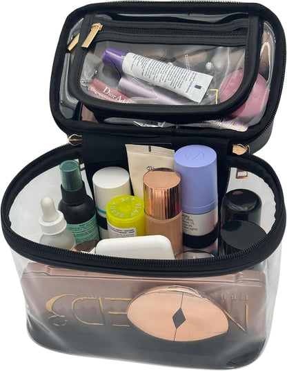 Clear Makeup Bag Toiletry Bag for Women Cosmetic Large Capacity Travel Make Up Bag Organizer Transparent Train Case TSA Approved (BLACK)