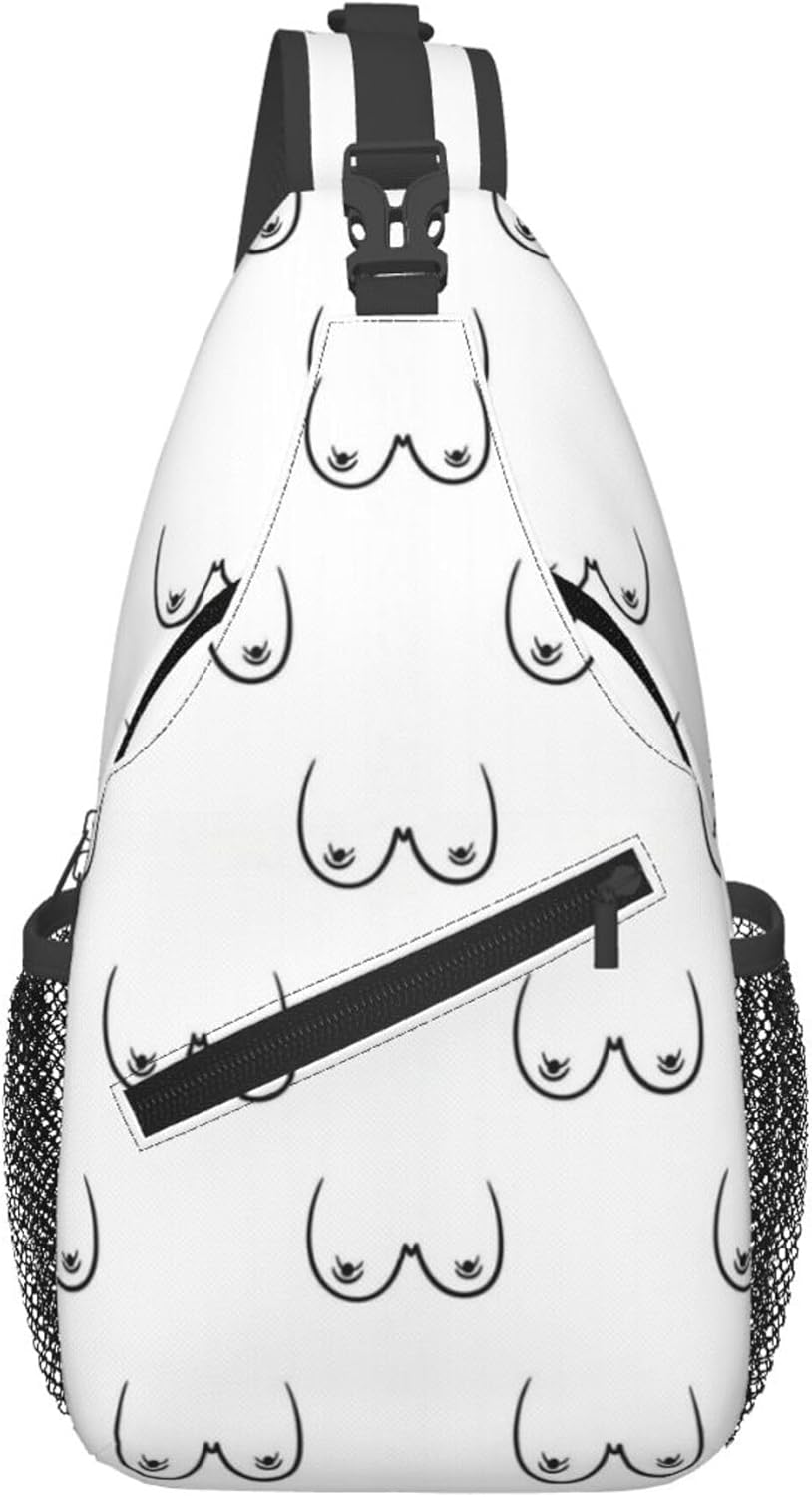 Ultra Lightweight Sling Shoulder Backpack Shoulder Chest Crossbody Bag Multipurpose Anti-Theft Daypack for Hiking Cycling Camping Travel, Boobs Breasts Print White Bookbag