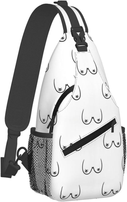 Ultra Lightweight Sling Shoulder Backpack Shoulder Chest Crossbody Bag Multipurpose Anti-Theft Daypack for Hiking Cycling Camping Travel, Boobs Breasts Print White Bookbag