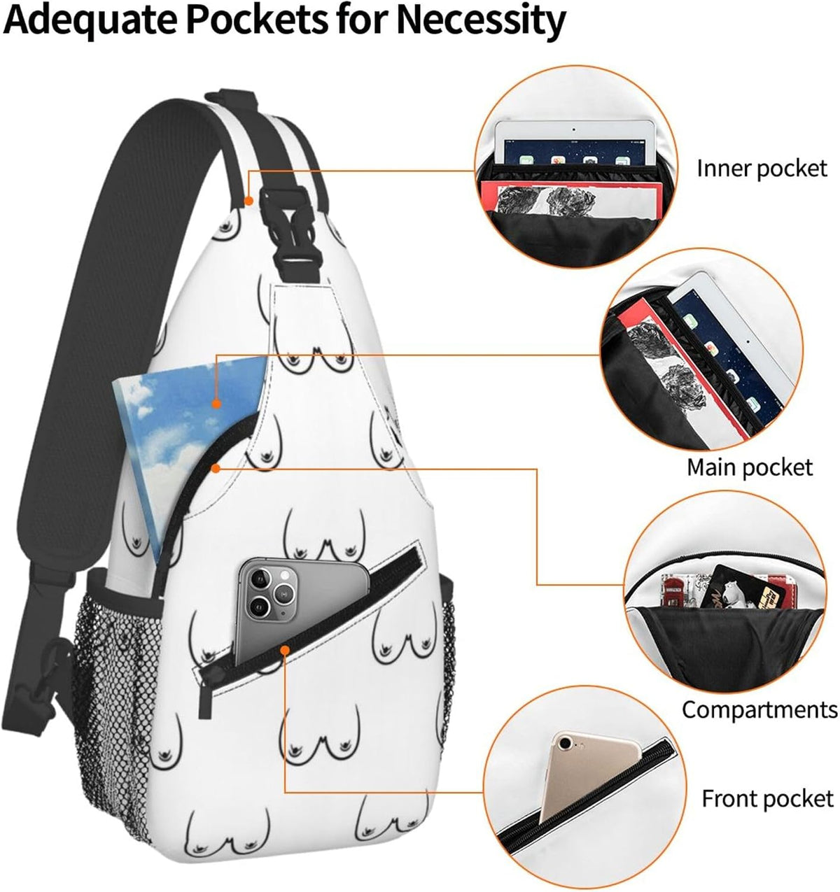 Ultra Lightweight Sling Shoulder Backpack Shoulder Chest Crossbody Bag Multipurpose Anti-Theft Daypack for Hiking Cycling Camping Travel, Boobs Breasts Print White Bookbag