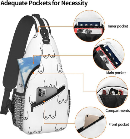 Ultra Lightweight Sling Shoulder Backpack Shoulder Chest Crossbody Bag Multipurpose Anti-Theft Daypack for Hiking Cycling Camping Travel, Boobs Breasts Print White Bookbag