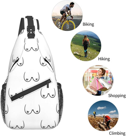 Ultra Lightweight Sling Shoulder Backpack Shoulder Chest Crossbody Bag Multipurpose Anti-Theft Daypack for Hiking Cycling Camping Travel, Boobs Breasts Print White Bookbag