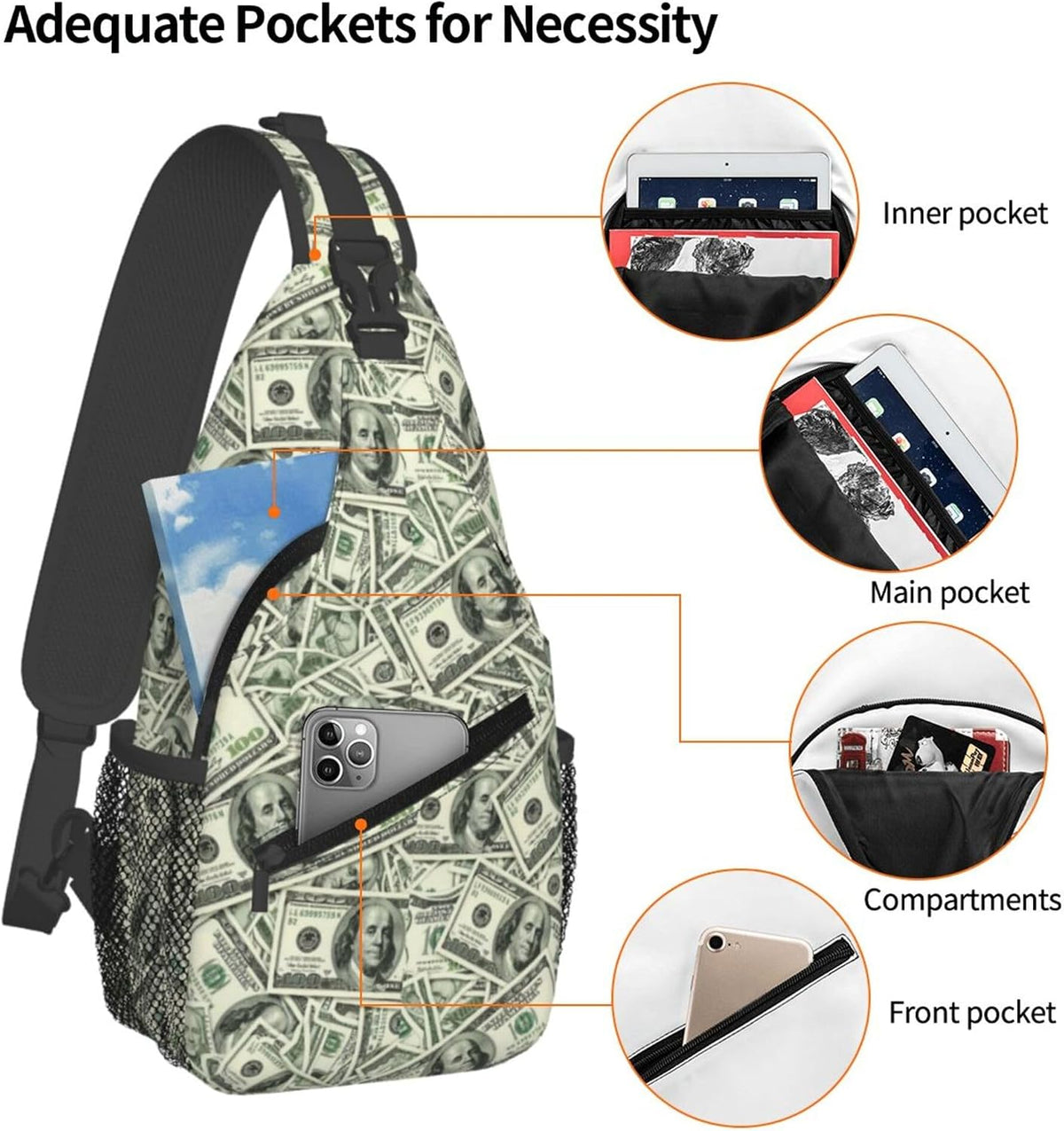 Ultra Lightweight Sling Shoulder Backpack Shoulder Chest Crossbody Bag Multipurpose Anti-Theft Daypack for Hiking Cycling Camping Travel, Boobs Breasts Print White Bookbag