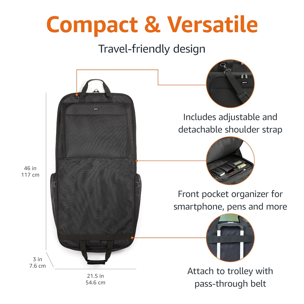46" Premium Garment Bag for Travel, Suit Bag with Shoulder Strap for Suits and Dresses, 1680D Polyester Fabric, Exterior/Interior Pockets, Leather-reinforced Corners, Trifold, Black
