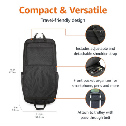 46" Premium Garment Bag for Travel, Suit Bag with Shoulder Strap for Suits and Dresses, 1680D Polyester Fabric, Exterior/Interior Pockets, Leather-reinforced Corners, Trifold, Black