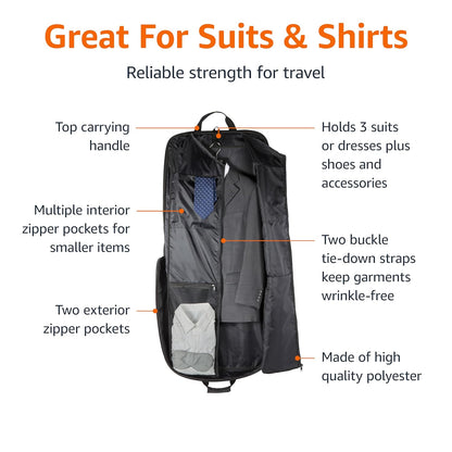46" Premium Garment Bag for Travel, Suit Bag with Shoulder Strap for Suits and Dresses, 1680D Polyester Fabric, Exterior/Interior Pockets, Leather-reinforced Corners, Trifold, Black