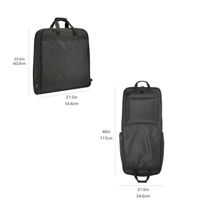 46" Premium Garment Bag for Travel, Suit Bag with Shoulder Strap for Suits and Dresses, 1680D Polyester Fabric, Exterior/Interior Pockets, Leather-reinforced Corners, Trifold, Black