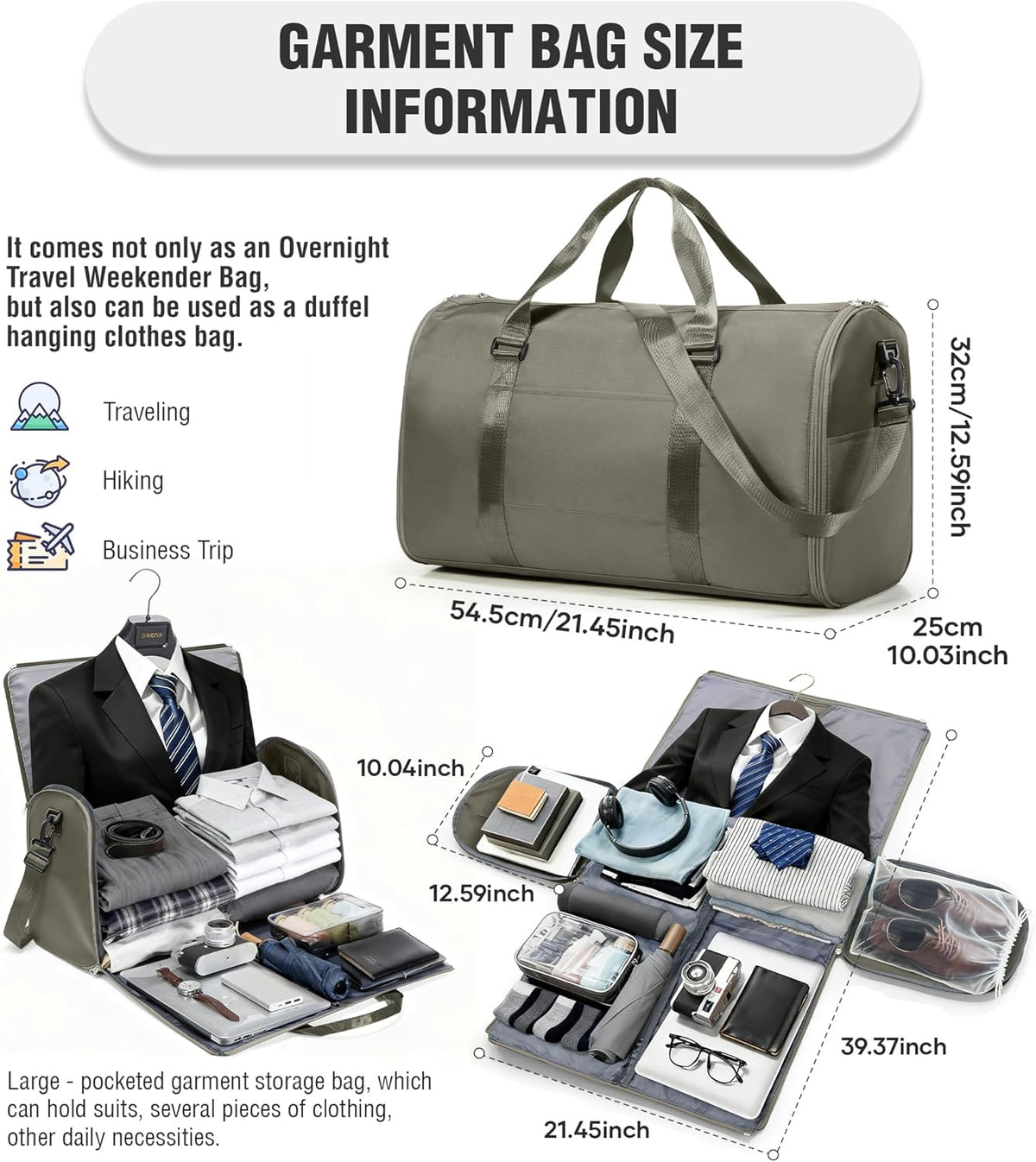 Convertible Garment Duffle Bags for Travel, Carry On Garment Bag for Women Men 2 in 1 Hanging Suit Bag, Large Weekender Bags for Business Trip Wedding Hanging Clothes Black