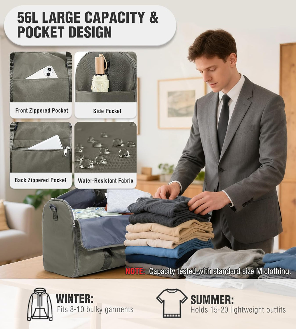 Convertible Garment Duffle Bags for Travel, Carry On Garment Bag for Women Men 2 in 1 Hanging Suit Bag, Large Weekender Bags for Business Trip Wedding Hanging Clothes Black