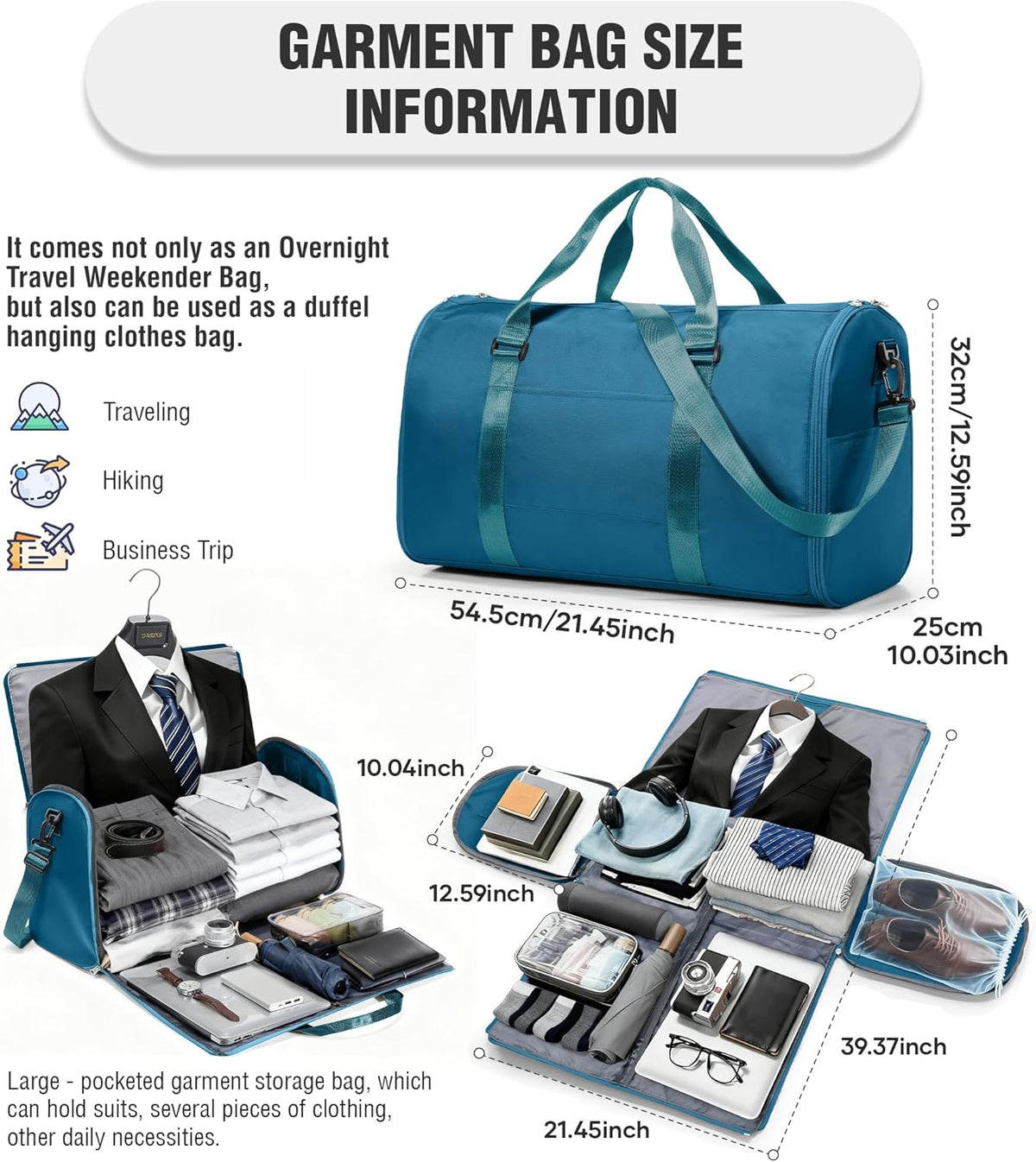Convertible Garment Duffle Bags for Travel, Carry On Garment Bag for Women Men 2 in 1 Hanging Suit Bag, Large Weekender Bags for Business Trip Wedding Hanging Clothes Black