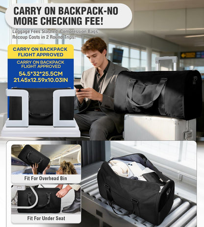 Convertible Garment Duffle Bags for Travel, Carry On Garment Bag for Women Men 2 in 1 Hanging Suit Bag, Large Weekender Bags for Business Trip Wedding Hanging Clothes Black