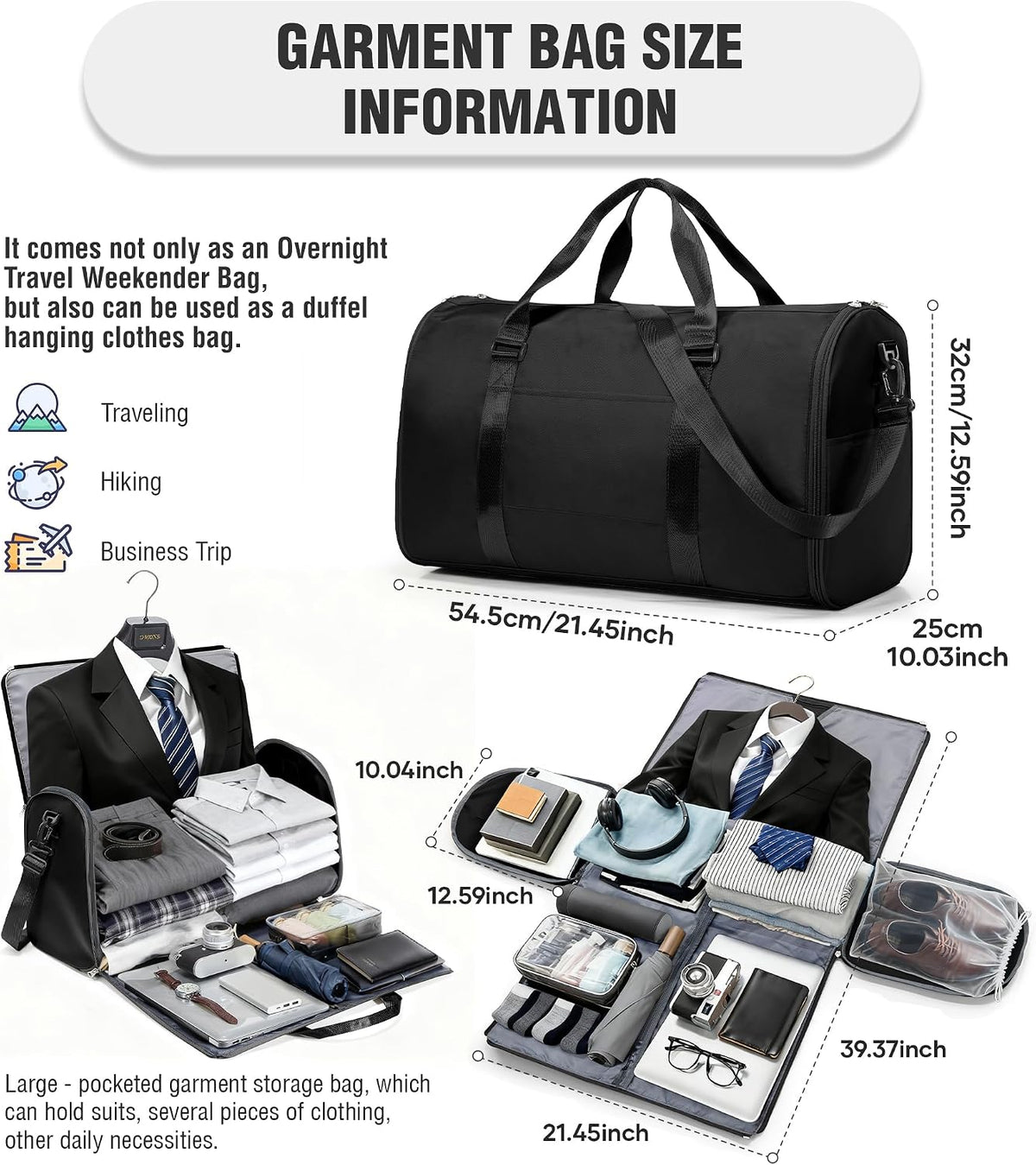 Convertible Garment Duffle Bags for Travel, Carry On Garment Bag for Women Men 2 in 1 Hanging Suit Bag, Large Weekender Bags for Business Trip Wedding Hanging Clothes Black