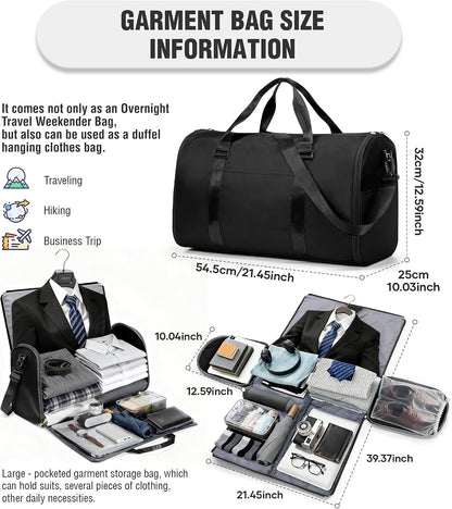 Convertible Garment Duffle Bags for Travel, Carry On Garment Bag for Women Men 2 in 1 Hanging Suit Bag, Large Weekender Bags for Business Trip Wedding Hanging Clothes Black