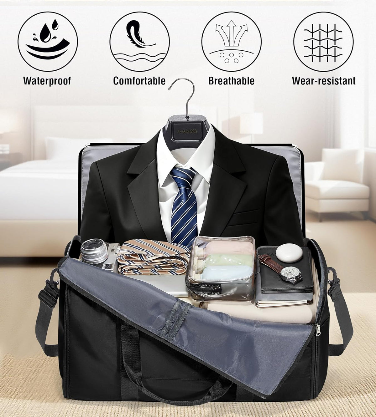 Convertible Garment Duffle Bags for Travel, Carry On Garment Bag for Women Men 2 in 1 Hanging Suit Bag, Large Weekender Bags for Business Trip Wedding Hanging Clothes Black