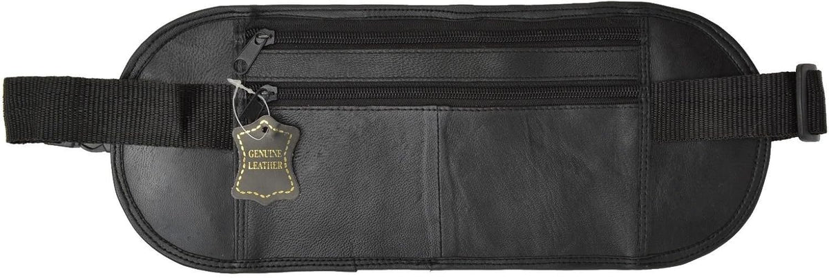 Leatherboss Genuine Leather Flat Fanny Pack Secured Travel Adjustable Multi Pocket Passpoet Holder for men women, Black