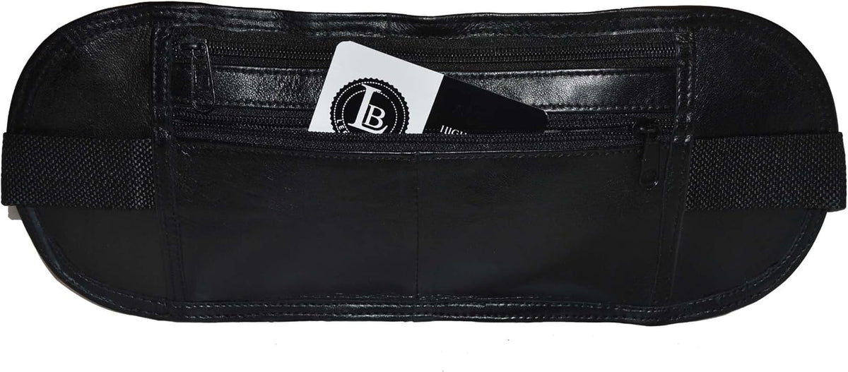Leatherboss Genuine Leather Flat Fanny Pack Secured Travel Adjustable Multi Pocket Passpoet Holder for men women, Black
