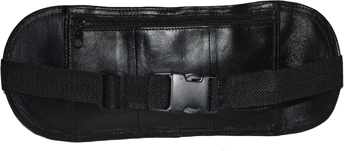 Leatherboss Genuine Leather Flat Fanny Pack Secured Travel Adjustable Multi Pocket Passpoet Holder for men women, Black