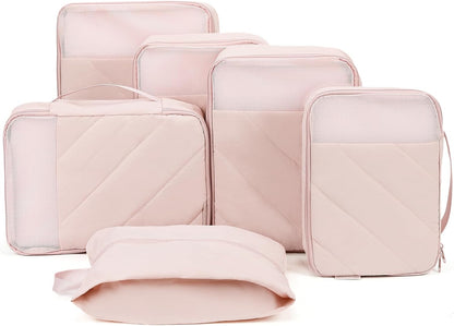 6 Set Packing Cubes for Travel, Luggage Organizer Bags with Shoe Bag, Lightweight, Durable Space Saver Bags Travel Essentials, Pink