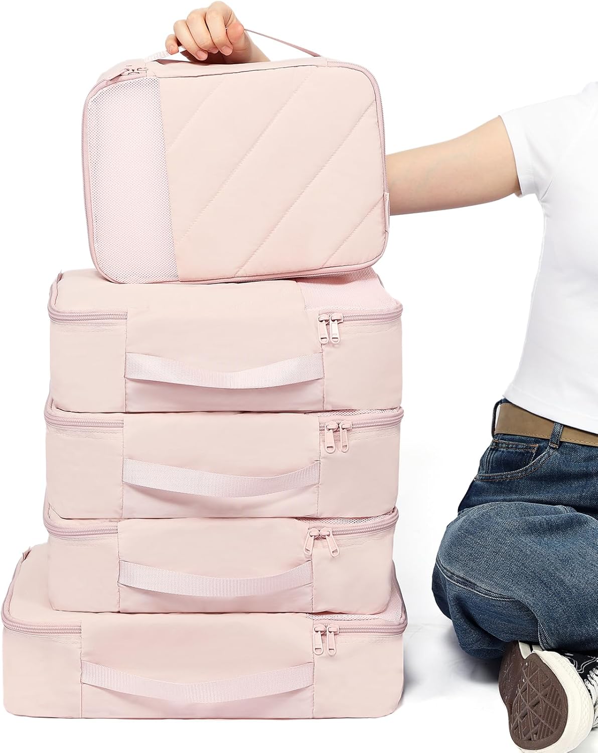 6 Set Packing Cubes for Travel, Luggage Organizer Bags with Shoe Bag, Lightweight, Durable Space Saver Bags Travel Essentials, Pink