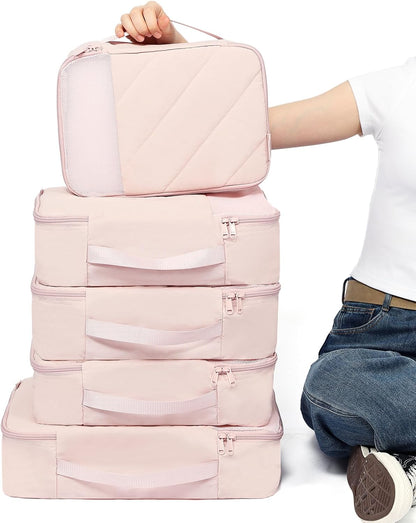 6 Set Packing Cubes for Travel, Luggage Organizer Bags with Shoe Bag, Lightweight, Durable Space Saver Bags Travel Essentials, Pink