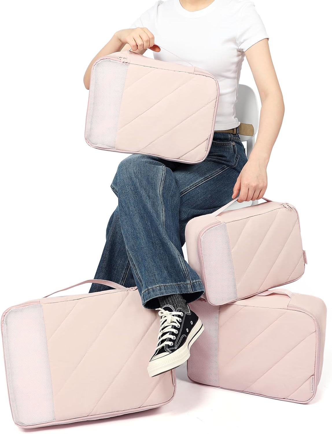6 Set Packing Cubes for Travel, Luggage Organizer Bags with Shoe Bag, Lightweight, Durable Space Saver Bags Travel Essentials, Pink