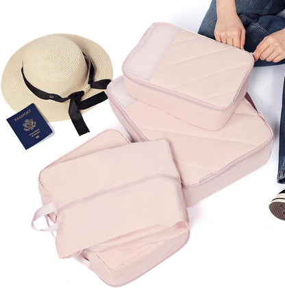 6 Set Packing Cubes for Travel, Luggage Organizer Bags with Shoe Bag, Lightweight, Durable Space Saver Bags Travel Essentials, Pink