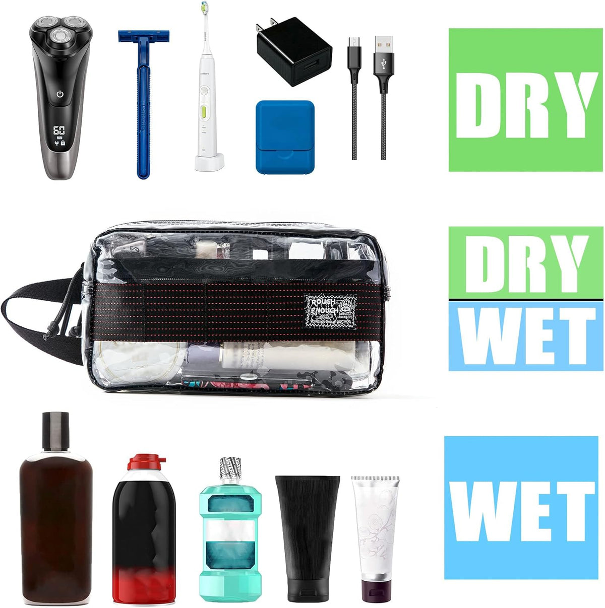 Rough Enough Clear Travel Toiletry Bag for Men Women Traveling Toiletries Essentials Shaving Hygiene Dopp Kit