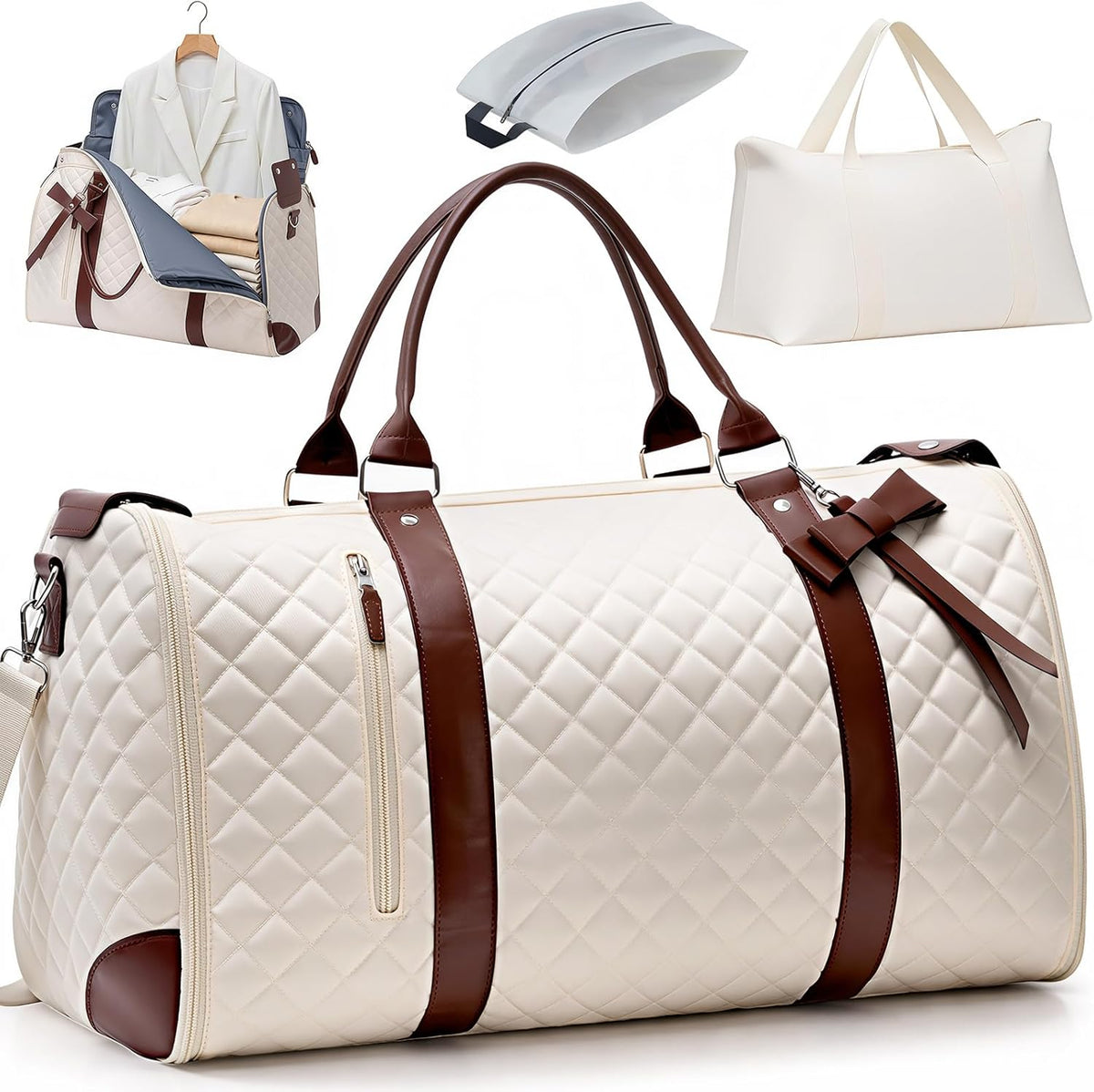 Garment Bags for Travel Women, 3 in 1 Convertible Garment Duffle Bags with Separated Tote Bag, Waterproof Suit Bag Travel Carry On Luggage Weekender Bag for Business Trip, Beige