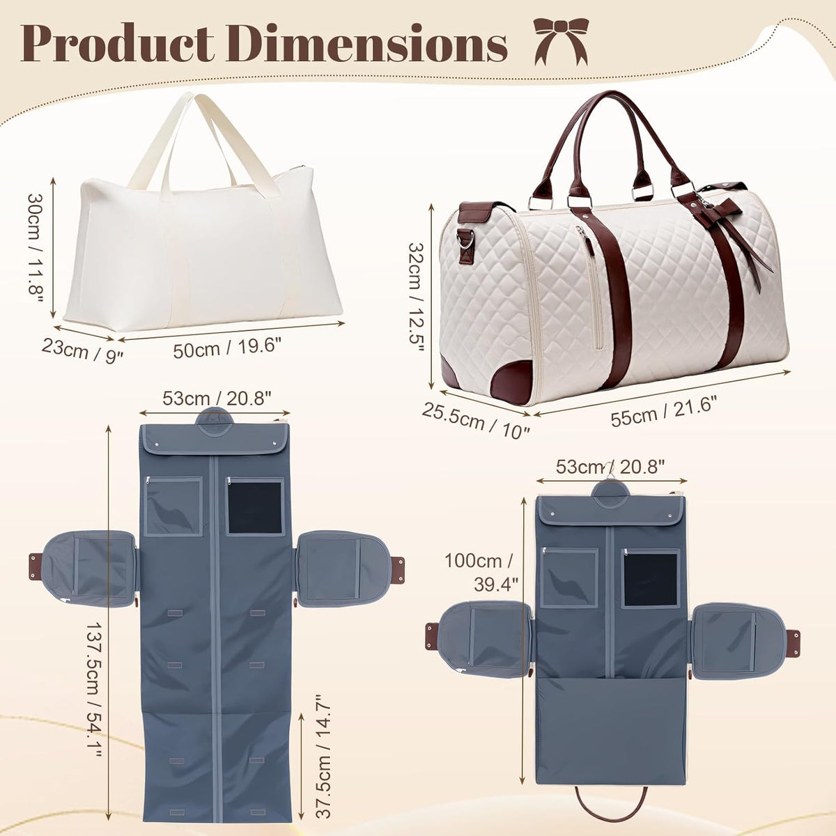 Garment Bags for Travel Women, 3 in 1 Convertible Garment Duffle Bags with Separated Tote Bag, Waterproof Suit Bag Travel Carry On Luggage Weekender Bag for Business Trip, Beige