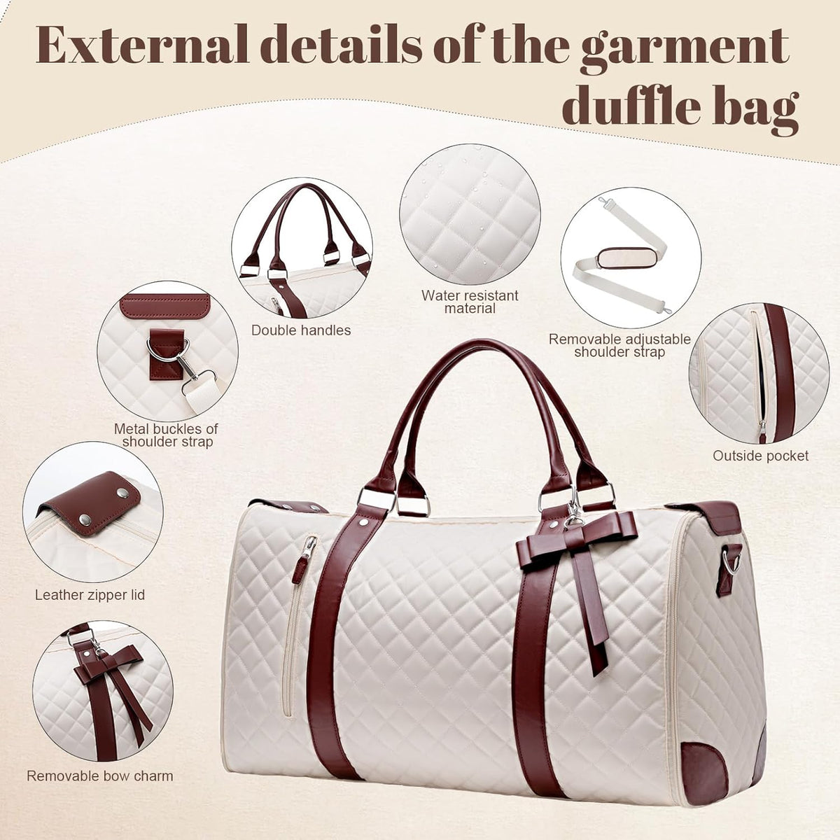 Garment Bags for Travel Women, 3 in 1 Convertible Garment Duffle Bags with Separated Tote Bag, Waterproof Suit Bag Travel Carry On Luggage Weekender Bag for Business Trip, Beige