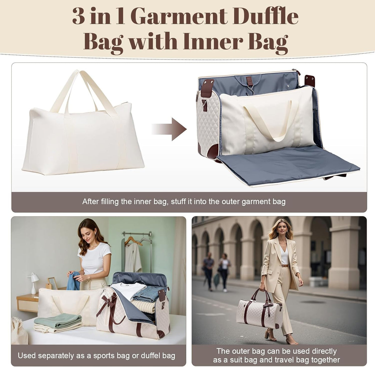 Garment Bags for Travel Women, 3 in 1 Convertible Garment Duffle Bags with Separated Tote Bag, Waterproof Suit Bag Travel Carry On Luggage Weekender Bag for Business Trip, Beige