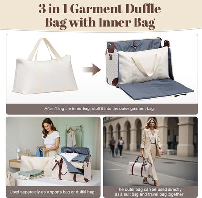 Garment Bags for Travel Women, 3 in 1 Convertible Garment Duffle Bags with Separated Tote Bag, Waterproof Suit Bag Travel Carry On Luggage Weekender Bag for Business Trip, Beige