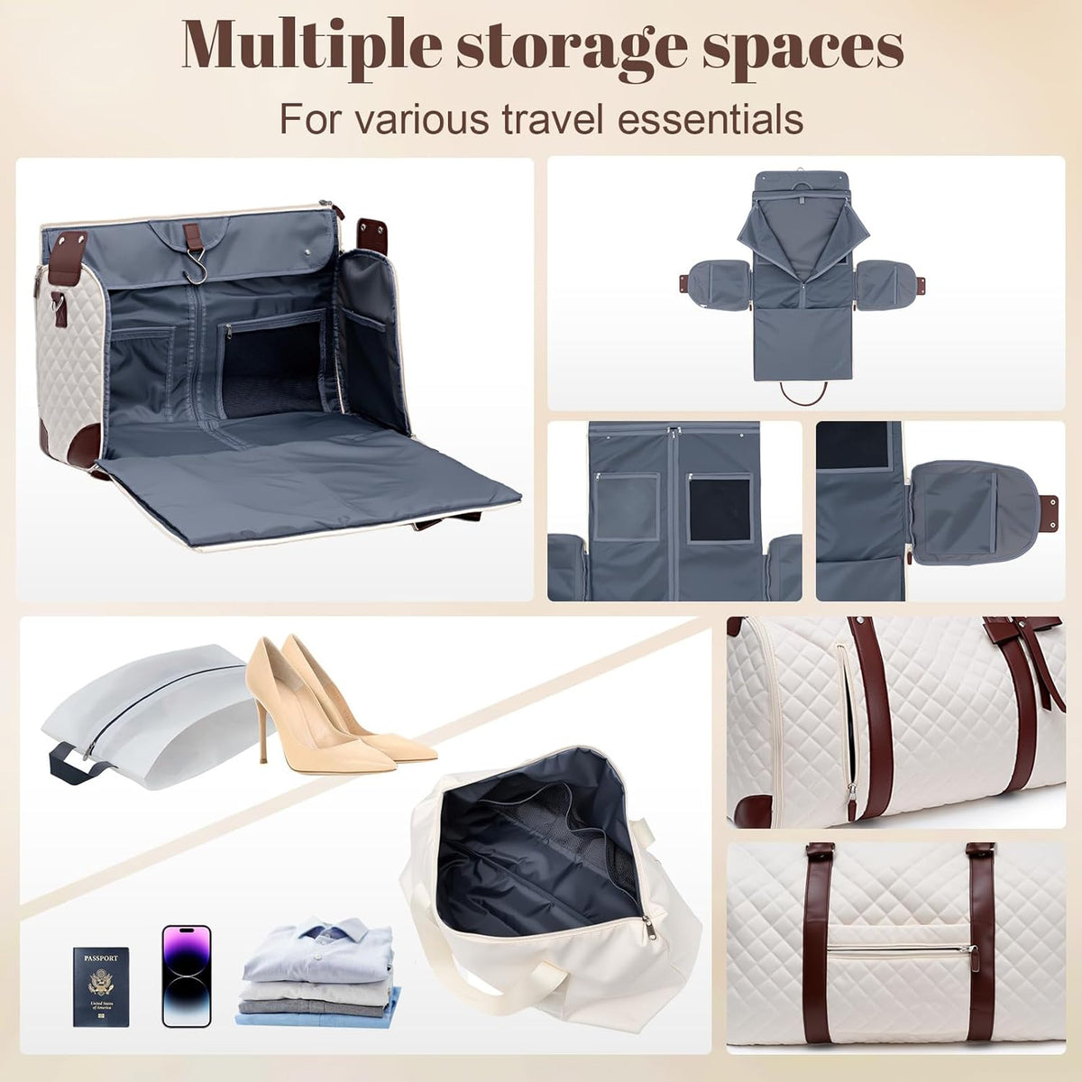 Garment Bags for Travel Women, 3 in 1 Convertible Garment Duffle Bags with Separated Tote Bag, Waterproof Suit Bag Travel Carry On Luggage Weekender Bag for Business Trip, Beige