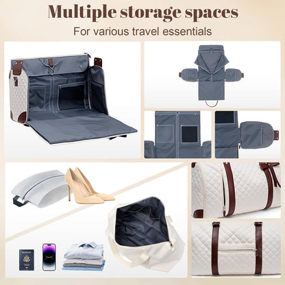 Garment Bags for Travel Women, 3 in 1 Convertible Garment Duffle Bags with Separated Tote Bag, Waterproof Suit Bag Travel Carry On Luggage Weekender Bag for Business Trip, Beige