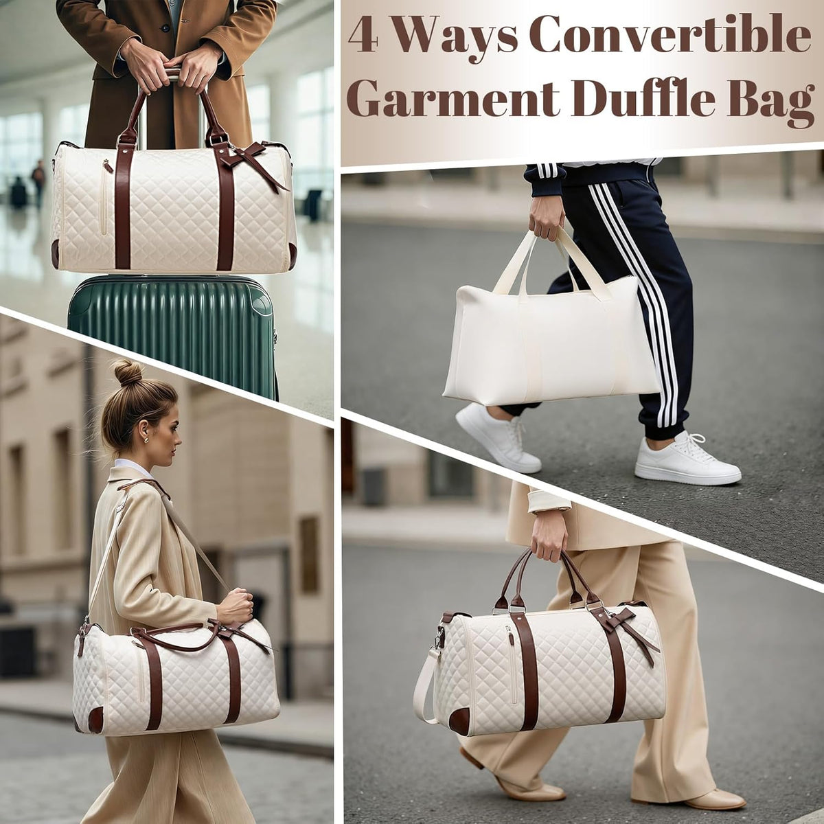 Garment Bags for Travel Women, 3 in 1 Convertible Garment Duffle Bags with Separated Tote Bag, Waterproof Suit Bag Travel Carry On Luggage Weekender Bag for Business Trip, Beige