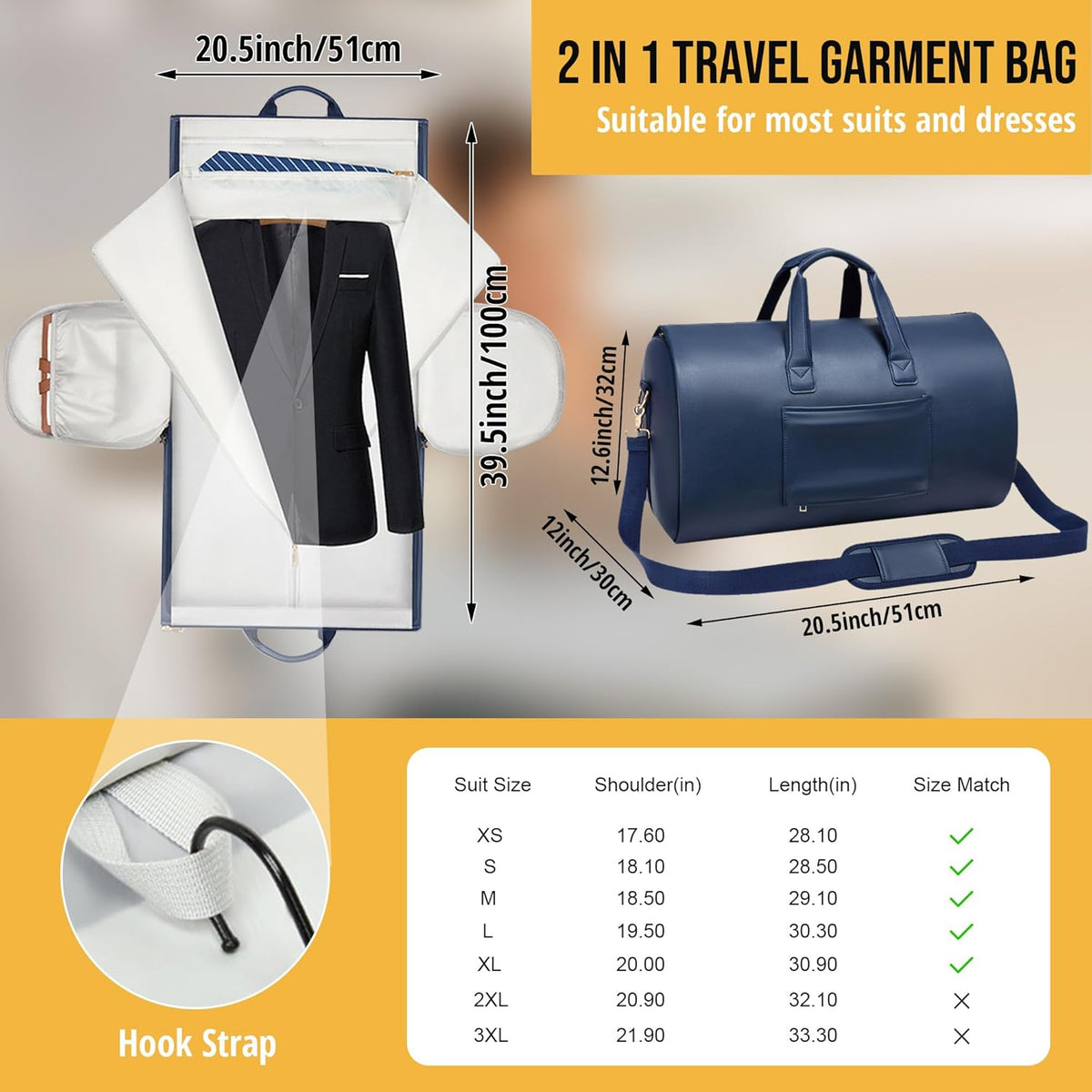 Convertible Garment Bag, Carry on Garment Duffel Bag with Shoulder Strap, Men's Women's Travel Clothing Bag with Shoe Compartment, 2-in-1 Hanging Suitcase Suit Business Travel Bag (Blue)