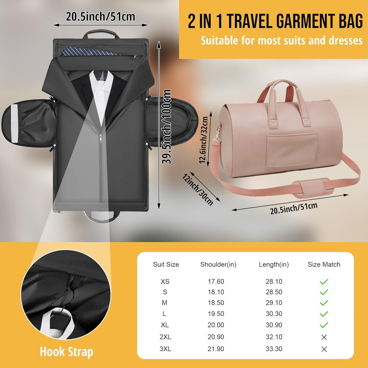 Convertible Garment Bag, Carry on Garment Duffel Bag with Shoulder Strap, Men's Women's Travel Clothing Bag with Shoe Compartment, 2-in-1 Hanging Suitcase Suit Business Travel Bag (Blue)
