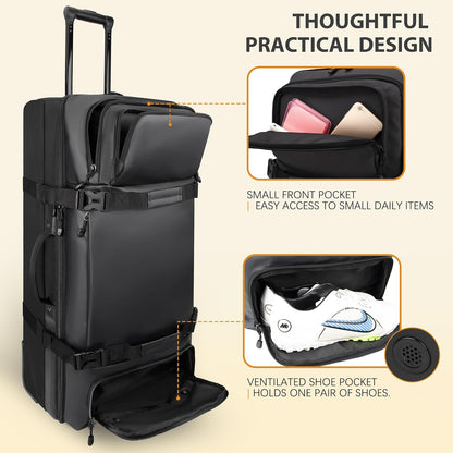 33 Inch 100L Extra Large Rolling Duffle Bag with Wheels, Wet Pocket & Shoe Compartment, Heavy Duty Water Resistant Wheeled Duffel for Moving Travel Camping